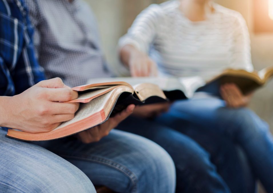 Christian friends group reading and study bible together in home or Sunday school at church with window light