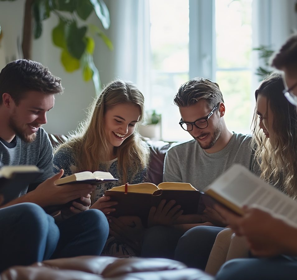A Group of Christian friends are reading and study bible together in home or Sunday school at church with window light devotional concept : Generative AI